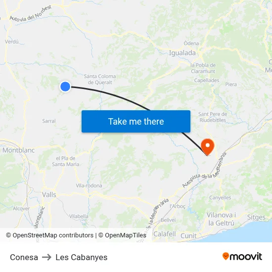 Conesa to Les Cabanyes map