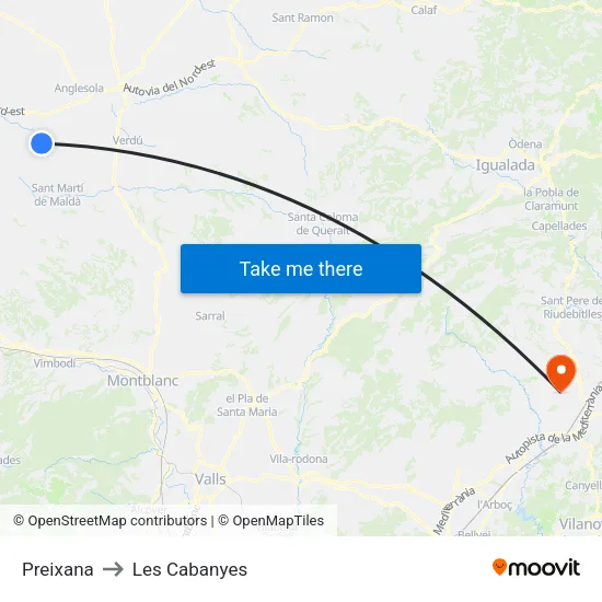 Preixana to Les Cabanyes map