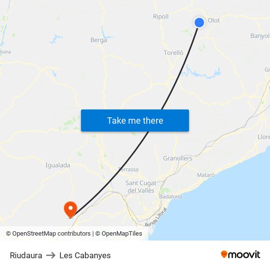 Riudaura to Les Cabanyes map