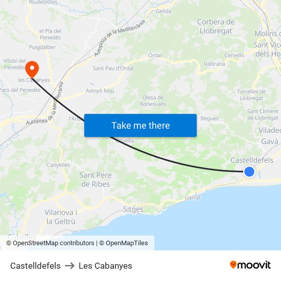 Castelldefels to Les Cabanyes map