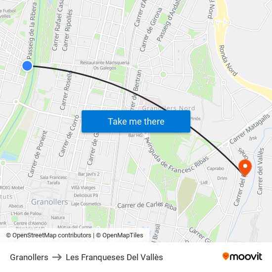 Granollers to Les Franqueses Del Vallès map
