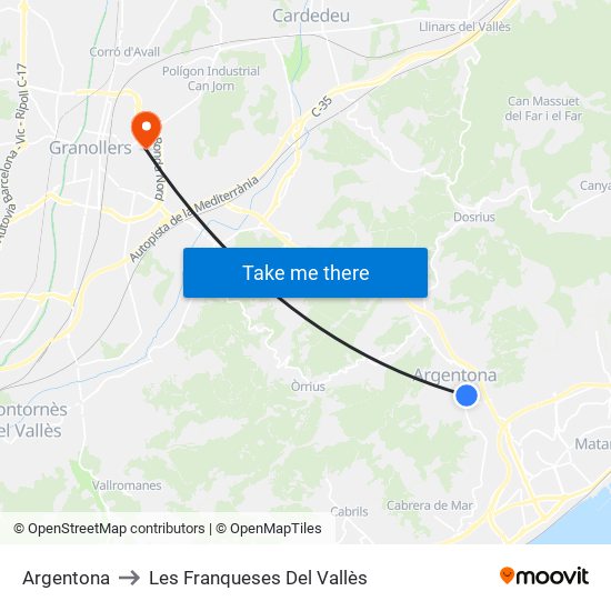 Argentona to Les Franqueses Del Vallès map