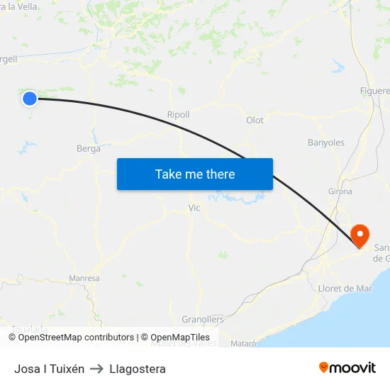 Josa I Tuixén to Llagostera map