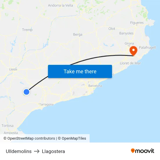Ulldemolins to Llagostera map