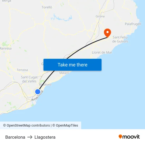 Barcelona to Llagostera map