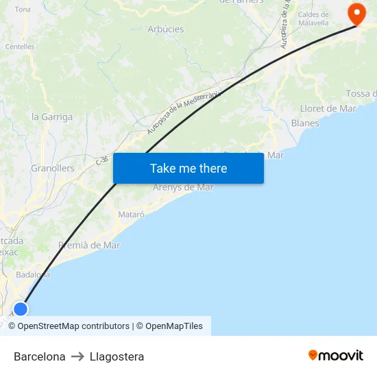 Barcelona to Llagostera map
