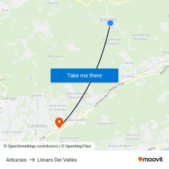 Arbúcies to Llinars Del Vallès map