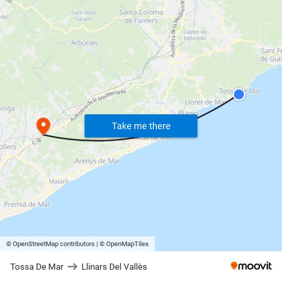 Tossa De Mar to Llinars Del Vallès map