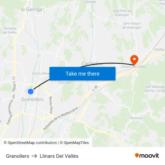 Granollers to Llinars Del Vallès map