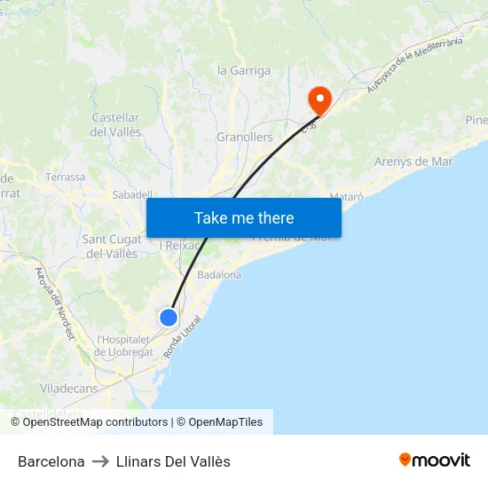 Barcelona to Llinars Del Vallès map