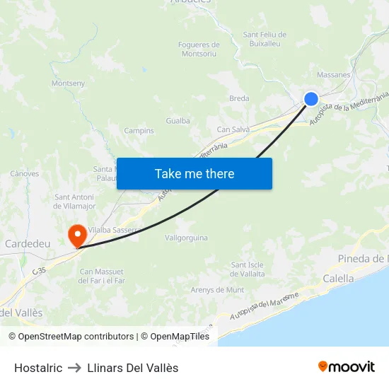 Hostalric to Llinars Del Vallès map