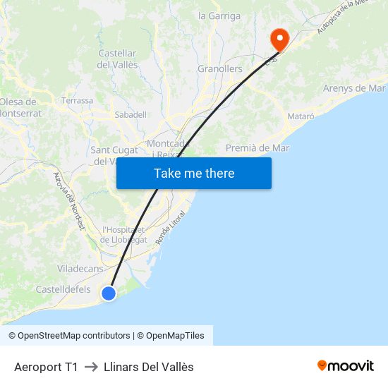 Aeroport T1 to Llinars Del Vallès map