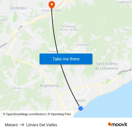 Mataró to Llinars Del Vallès map