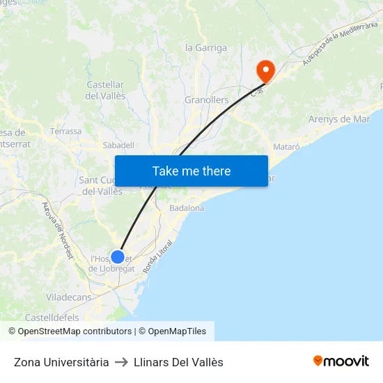Zona Universitària to Llinars Del Vallès map