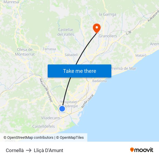 Cornellà to Lliçà D'Amunt map