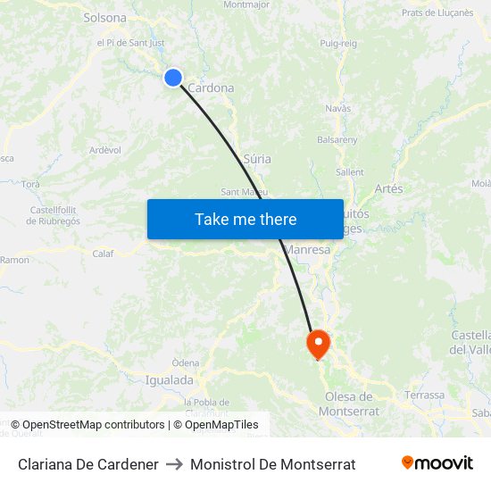 Clariana De Cardener to Monistrol De Montserrat map