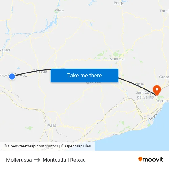 Mollerussa to Montcada I Reixac map