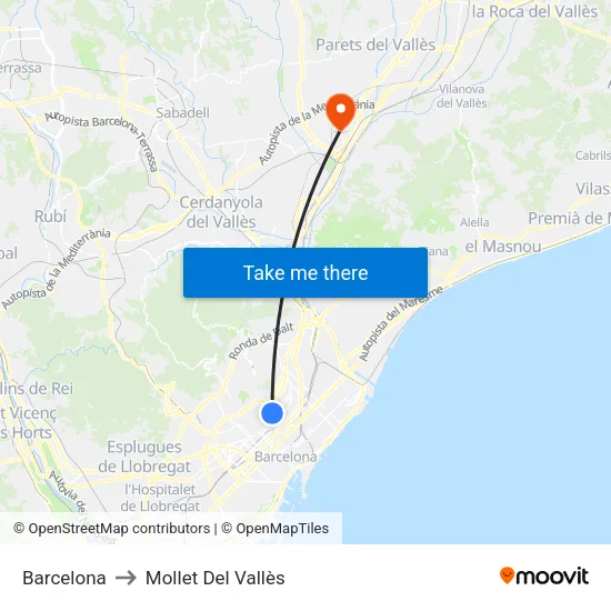 Barcelona to Mollet Del Vallès map