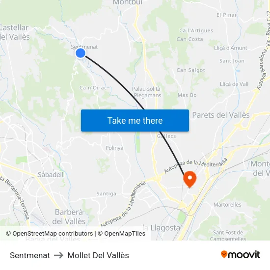 Sentmenat to Mollet Del Vallès map