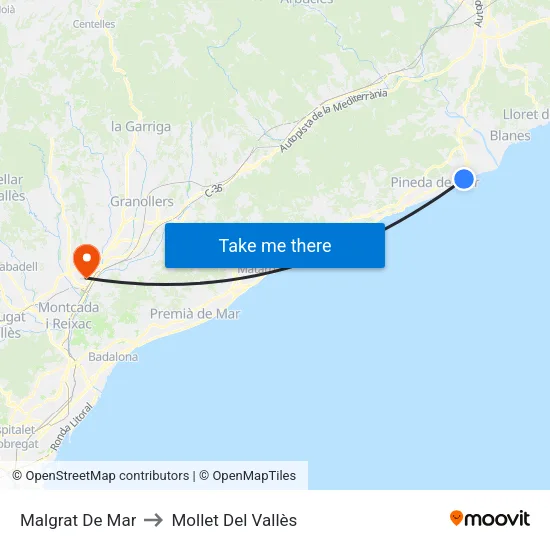 Malgrat De Mar to Mollet Del Vallès map