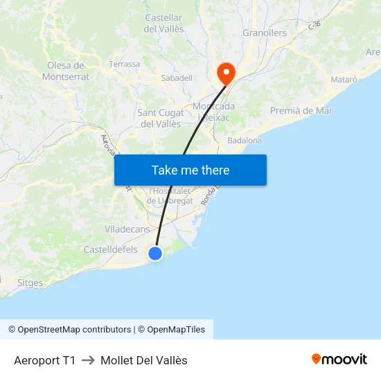 Aeroport T1 to Mollet Del Vallès map