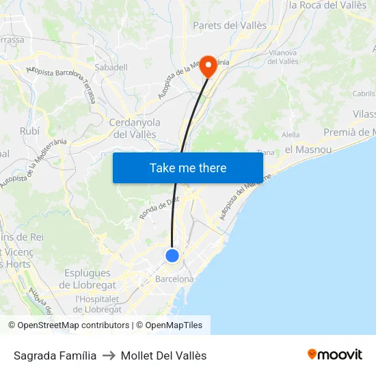 Sagrada Família to Mollet Del Vallès map