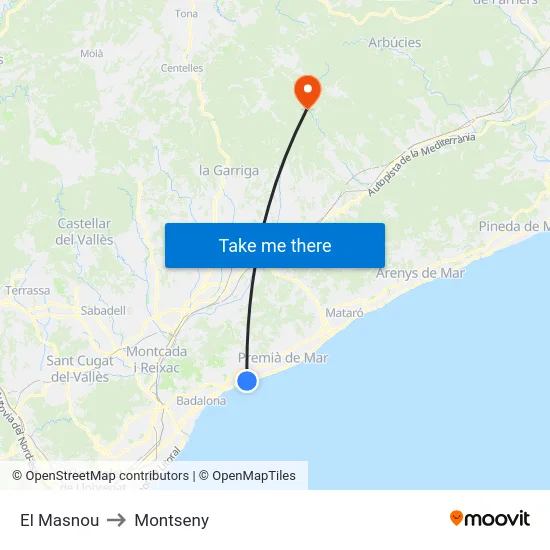 El Masnou to Montseny map