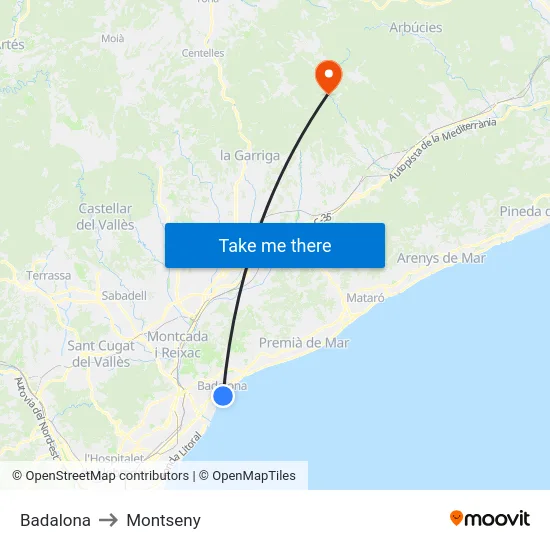 Badalona to Montseny map