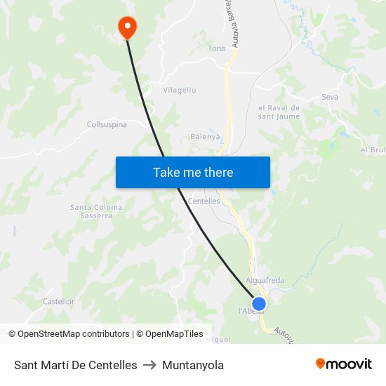Sant Martí De Centelles to Muntanyola map