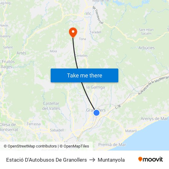 Estació D'Autobusos De Granollers to Muntanyola map