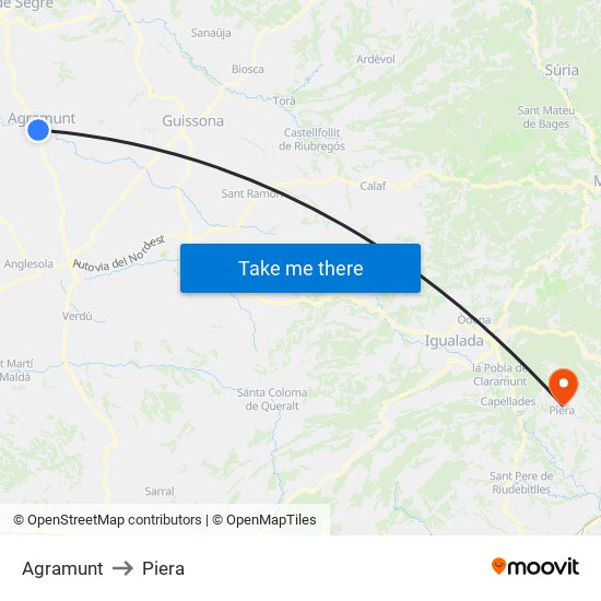 Agramunt to Piera map