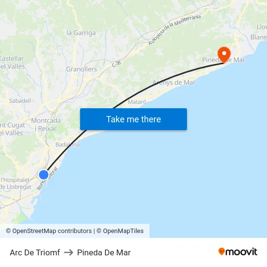 Arc De Triomf to Pineda De Mar map
