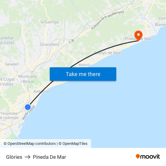 Glòries to Pineda De Mar map