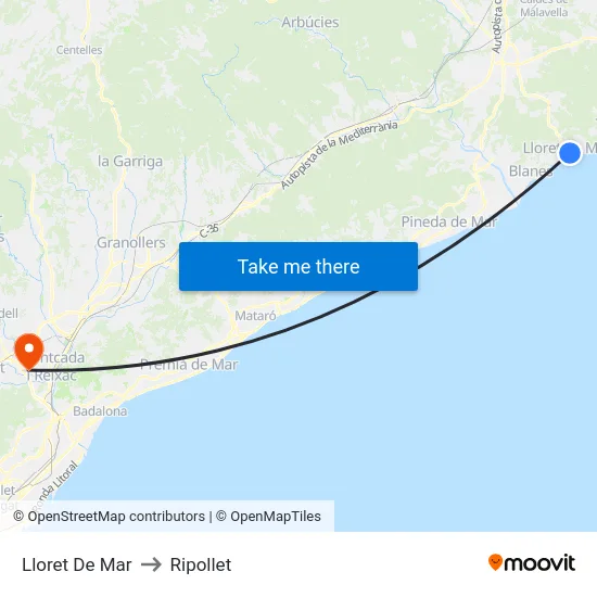 Lloret De Mar to Ripollet map