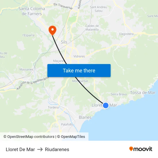Lloret De Mar to Riudarenes map