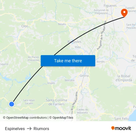Espinelves to Riumors map