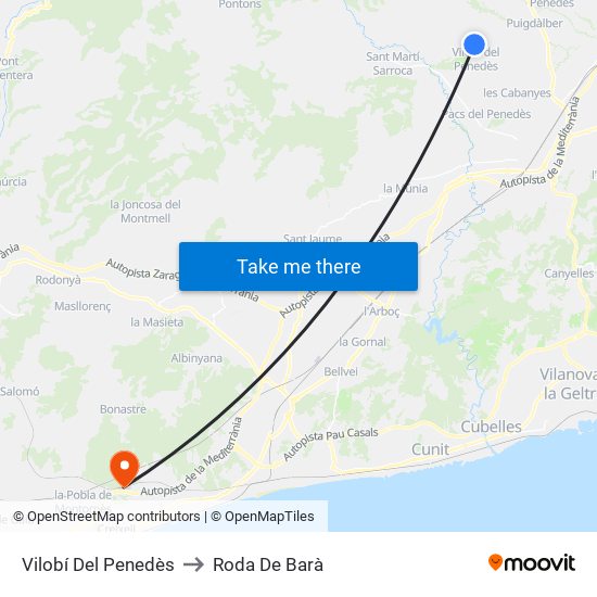 Vilobí Del Penedès to Roda De Barà map