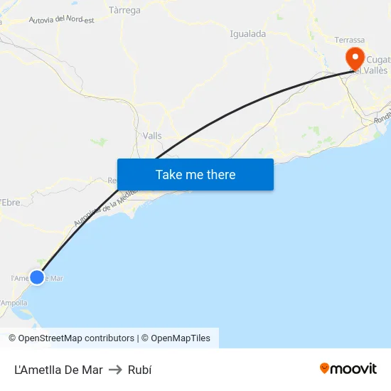 L'Ametlla De Mar to Rubí map