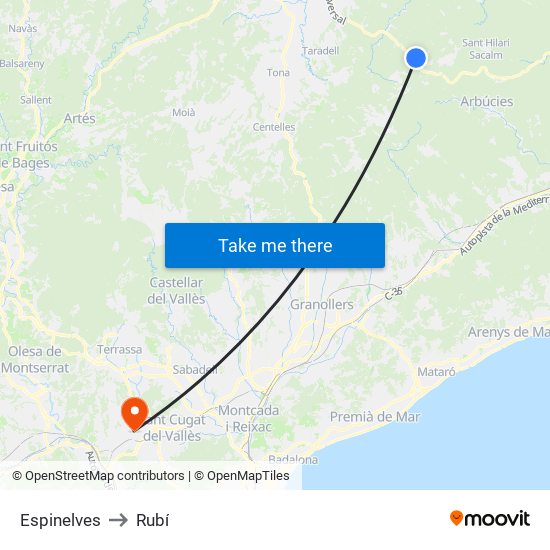 Espinelves to Rubí map