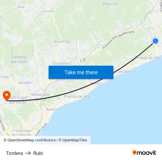 Tordera to Rubí map