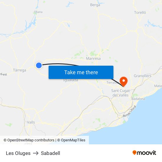 Les Oluges to Sabadell map