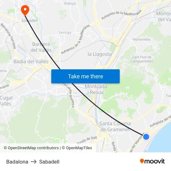 Badalona to Sabadell map