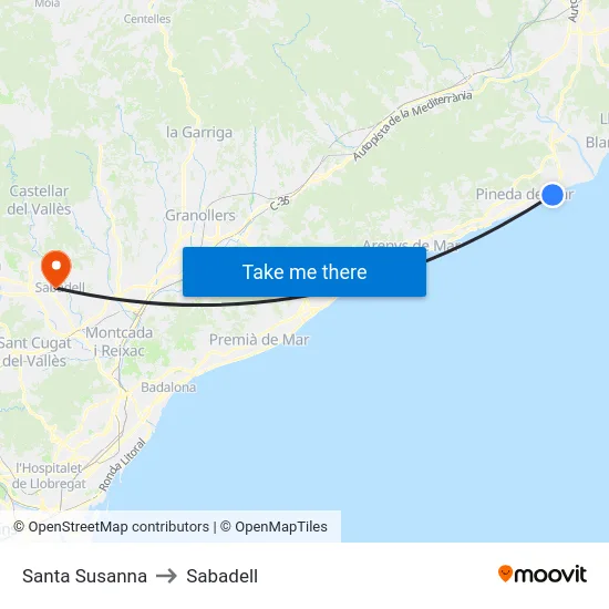 Santa Susanna to Sabadell map