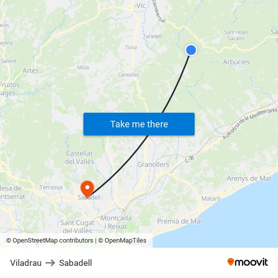 Viladrau to Sabadell map