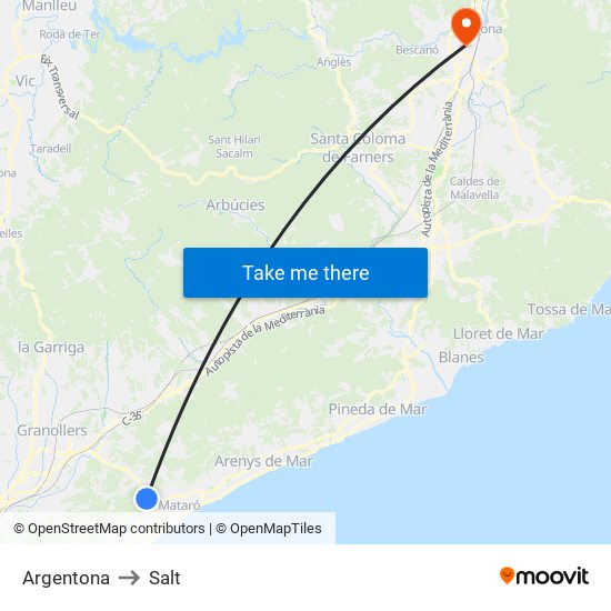 Argentona to Salt map