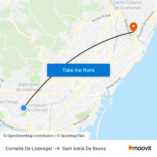 Cornellà De Llobregat to Sant Adrià De Besòs map