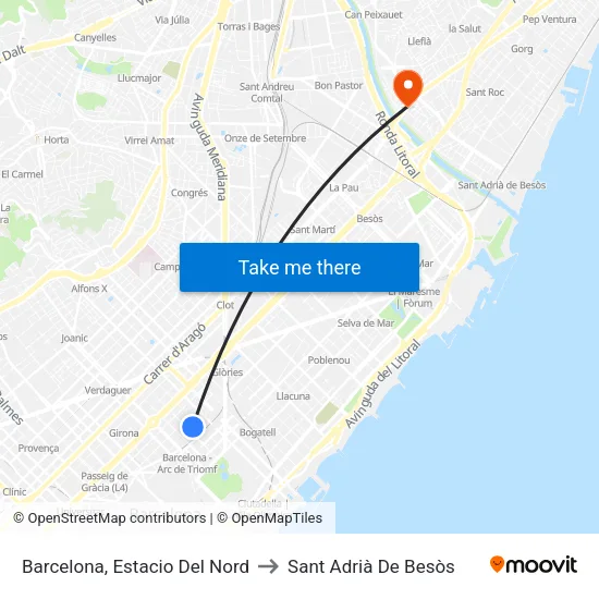 Barcelona, Estacio Del Nord to Sant Adrià De Besòs map