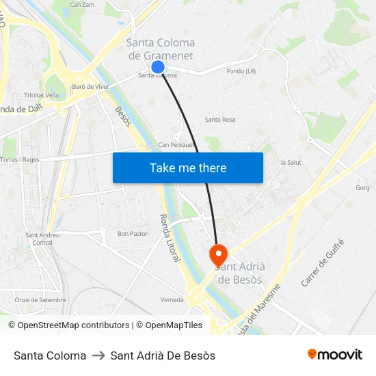 Santa Coloma to Sant Adrià De Besòs map