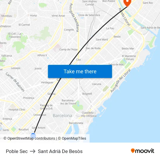 Poble Sec to Sant Adrià De Besòs map
