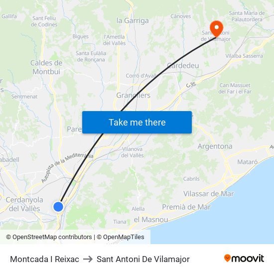 Montcada I Reixac to Sant Antoni De Vilamajor map